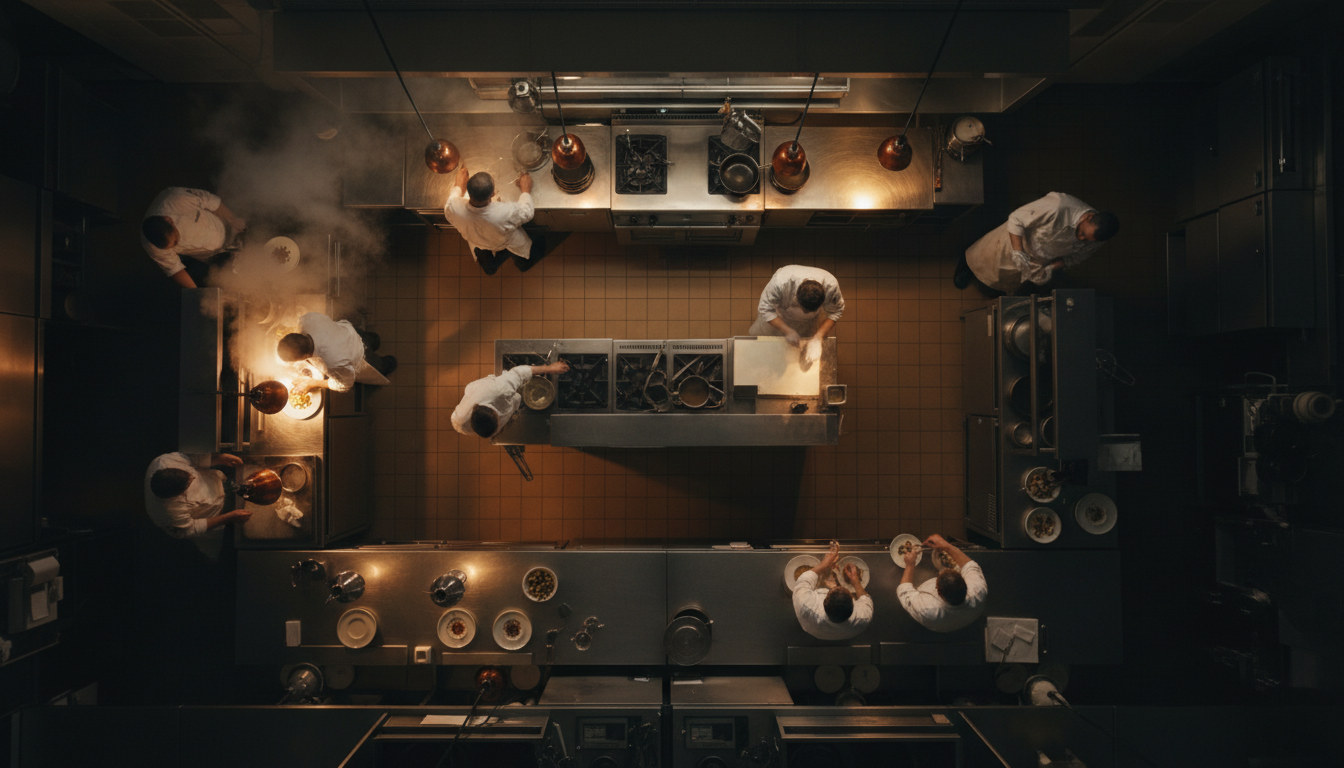 Bird's eye view of professional kitchen brigade during service