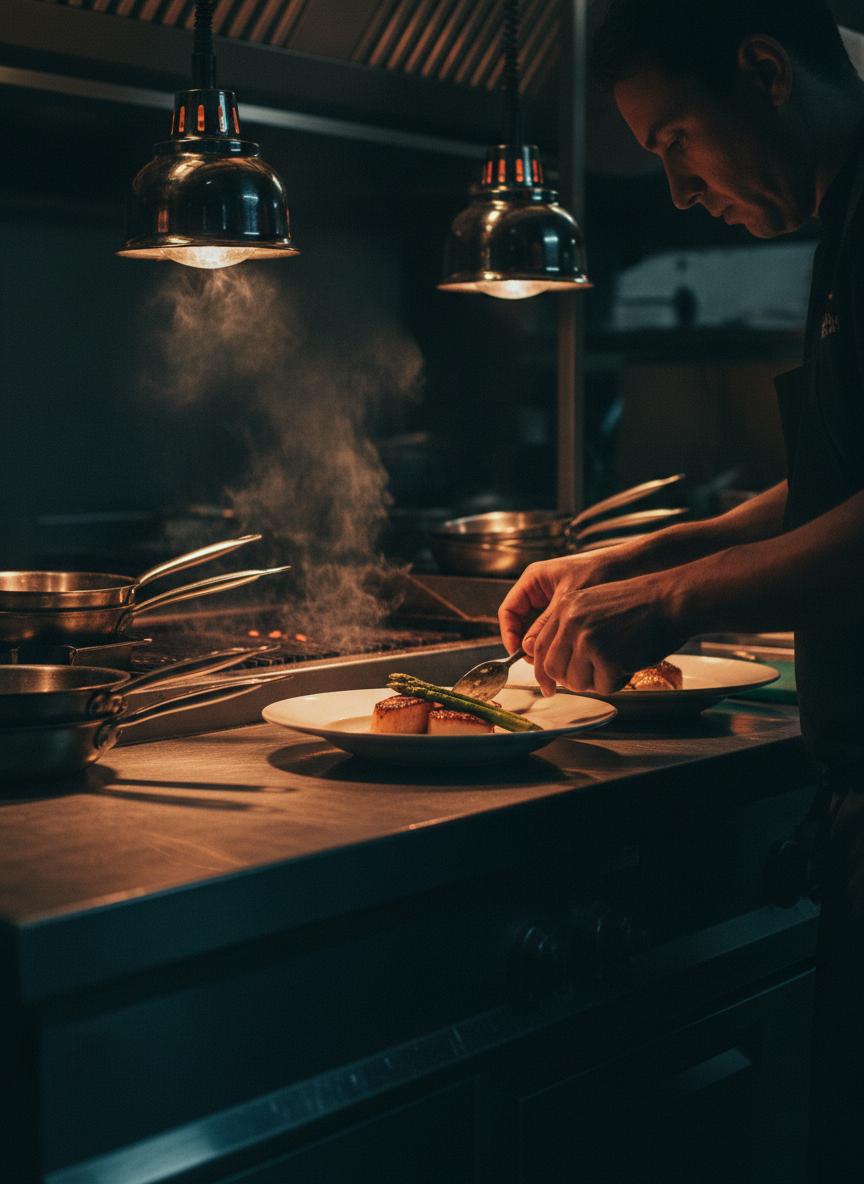 Professional kitchen during intense dinner service with dramatic chiaroscuro lighting