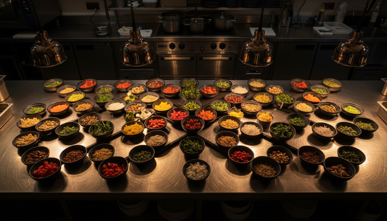 Immaculately organized restaurant prep station with mise-en-place arrangement