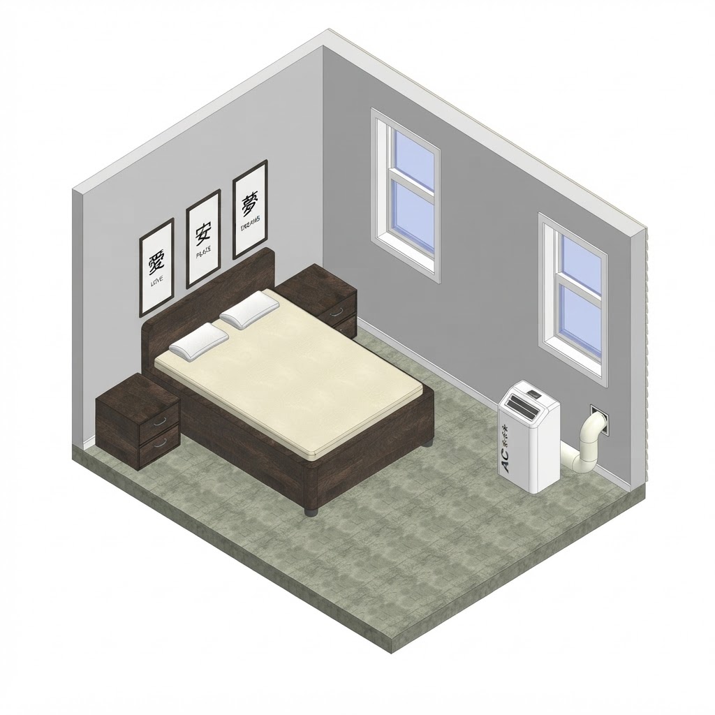 Isometric view of a bedroom venting a portable AC through an Air Socket wall vent