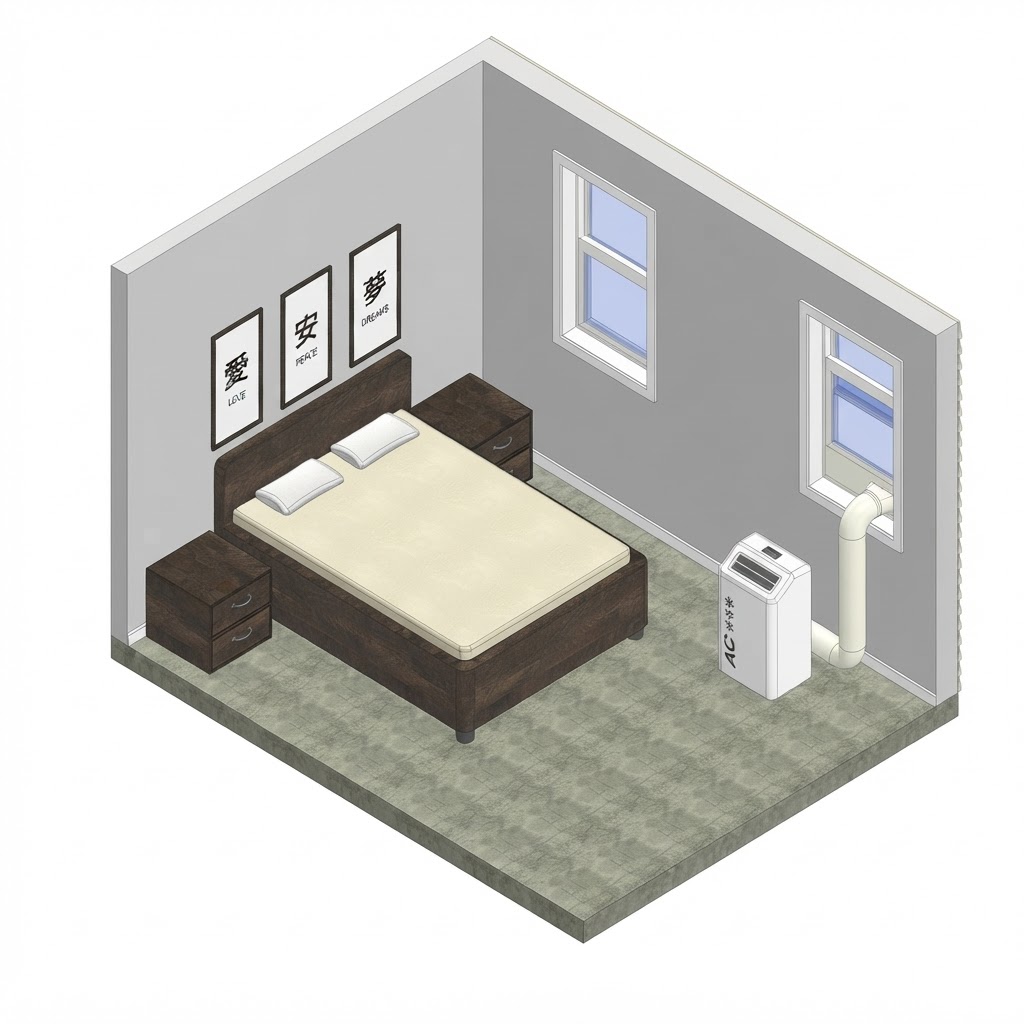 Isometric view of a bedroom venting a portable AC through an open window