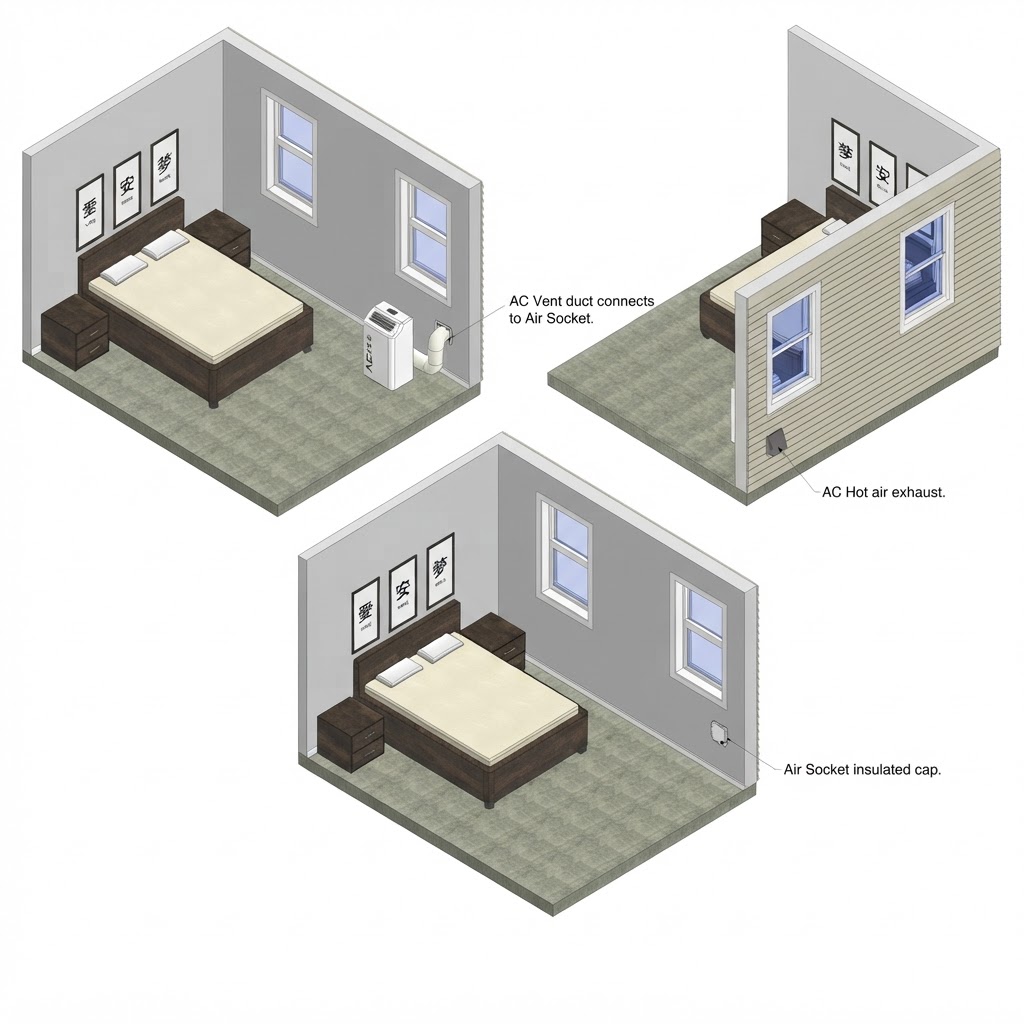 Air Socket application views: interior duct connection, exterior exhaust and the insulated off-season cap