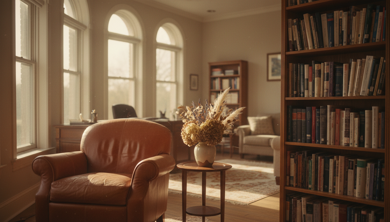 Sunlit therapy office with leather chair and bookshelves