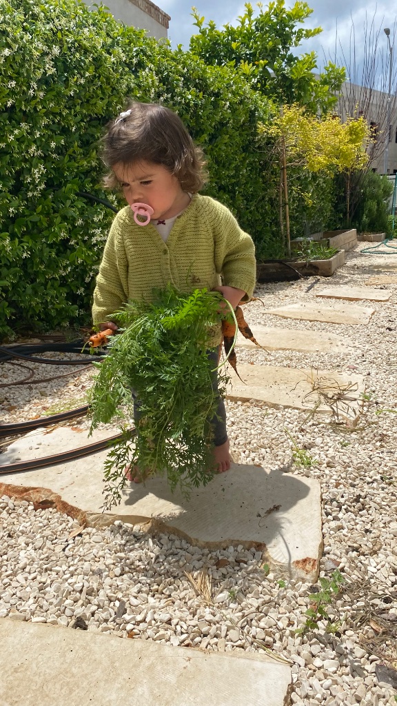 ילדה עם סוודר ירוק מחזיקה ירק מהגינה