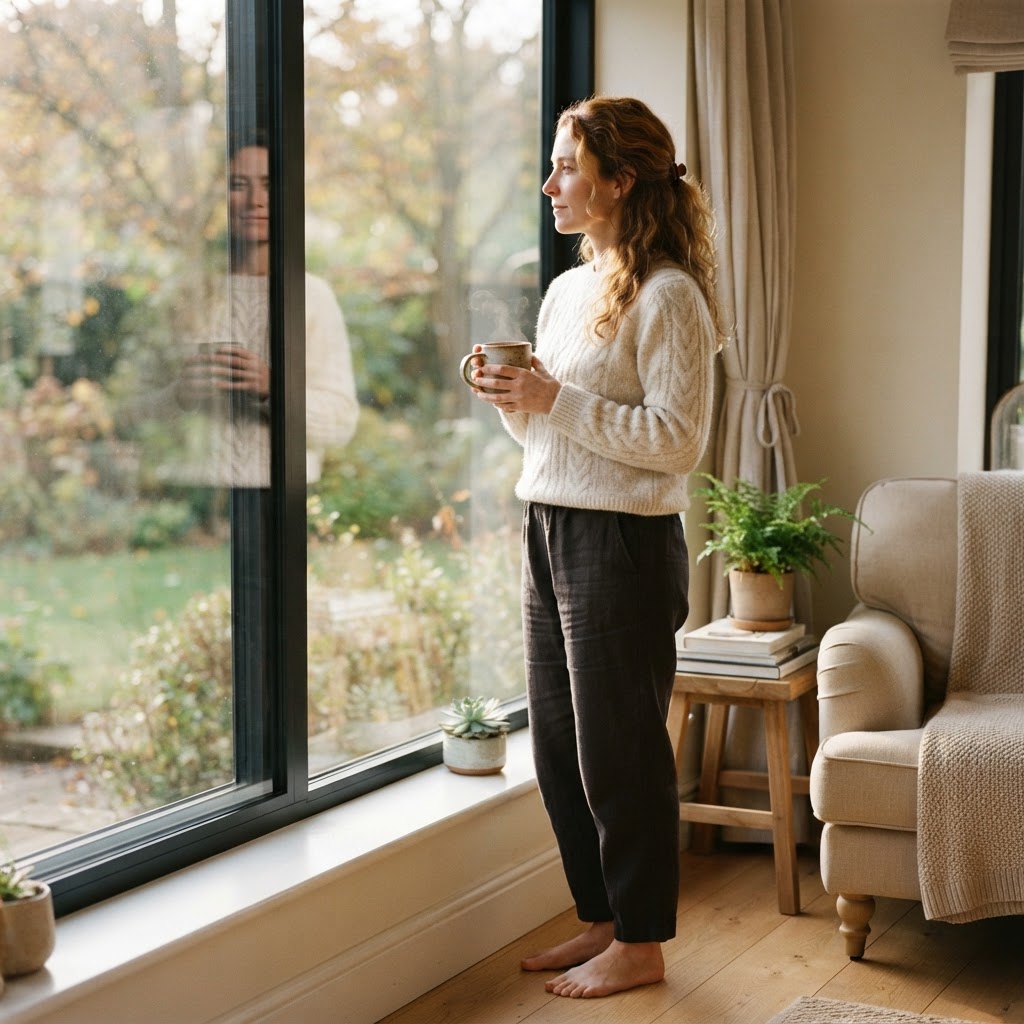 Femme en réflexion paisible près d'une fenêtre