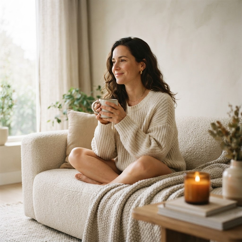 Femme sereine, ambiance douce et apaisée
