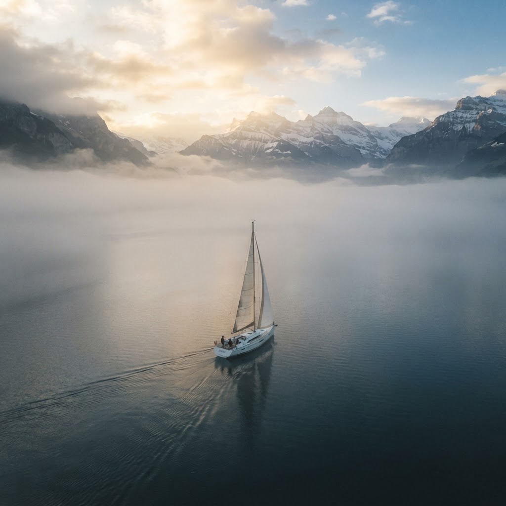 Segelboot im Morgennebel — Unabhängigkeit und sichere Navigation