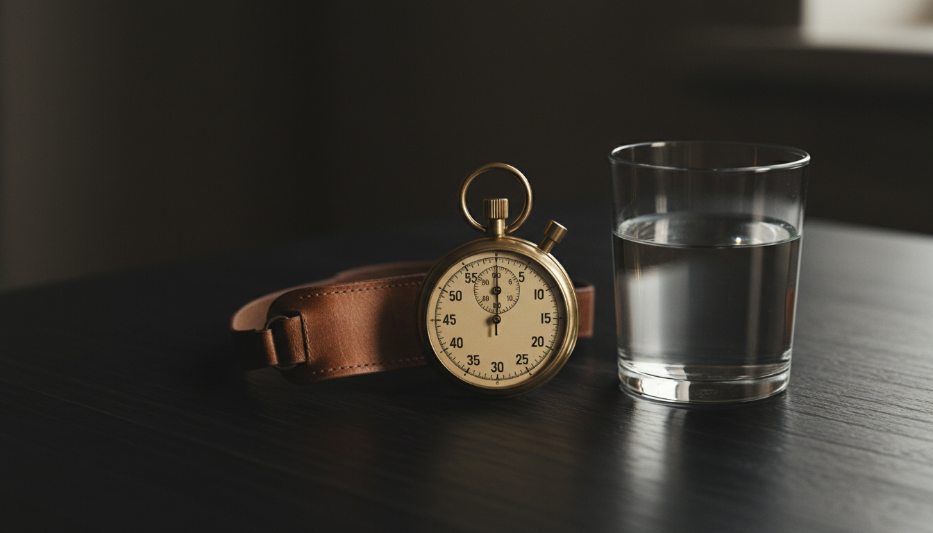 Minimalist still life of a stopwatch and glass of water on wooden table