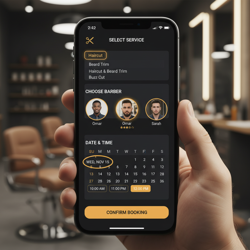 Smartphone mostrando interface de agendamento online - Cliente selecionando serviço, barbeiro, data e horário