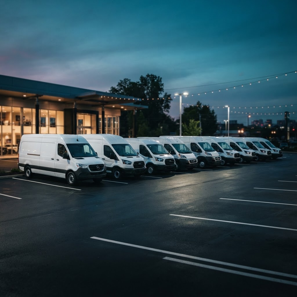 Line-up of business vans and commercial fleet vehicles