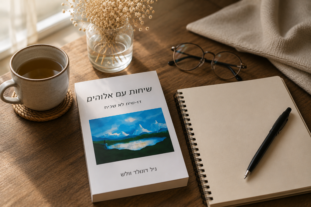 שיחות עם אלוהים — ספר, מחברת וכוס תה על שולחן עץ