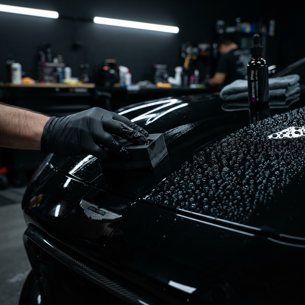 Professional ceramic coating application on vehicle hood