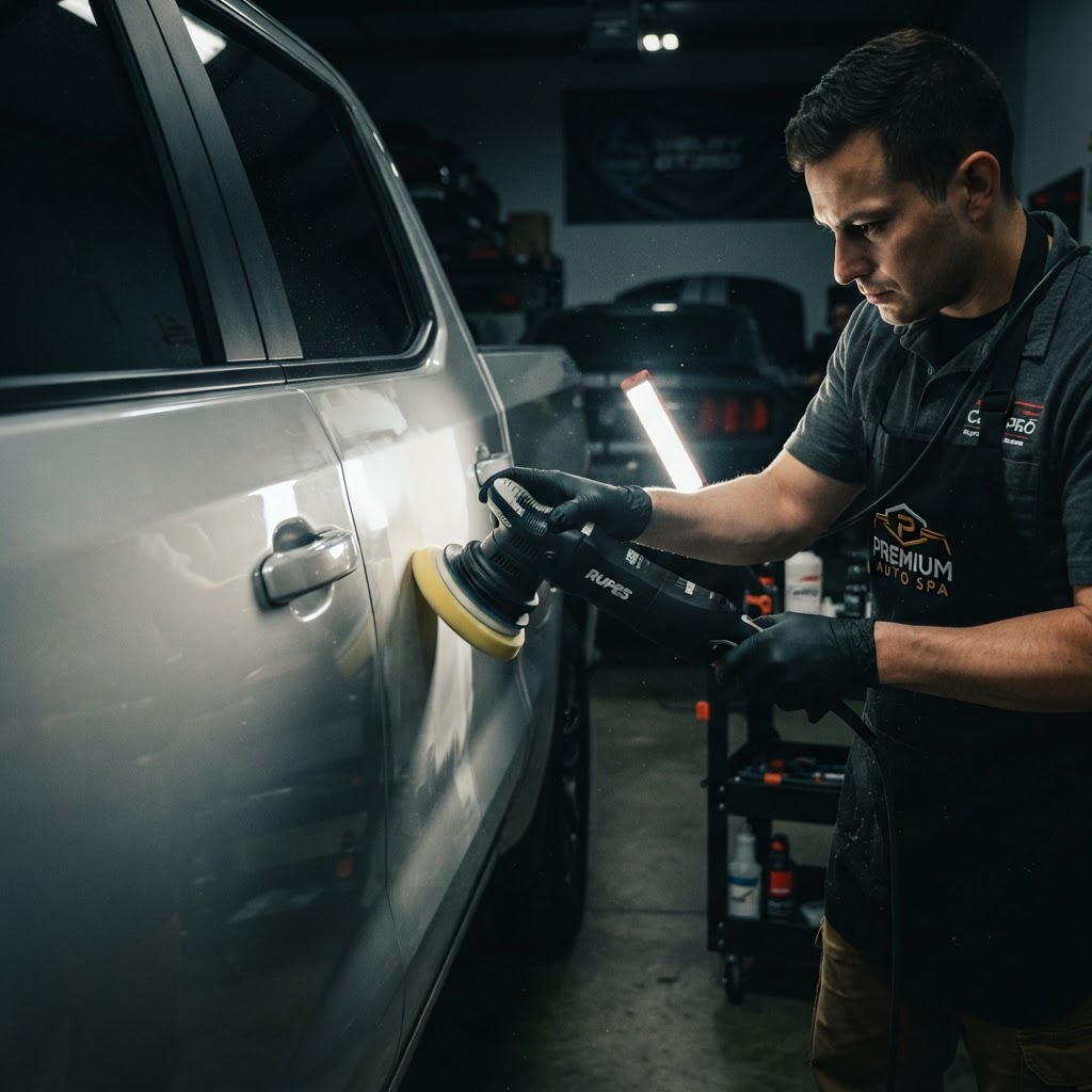 Professional paint correction and machine polishing on a truck