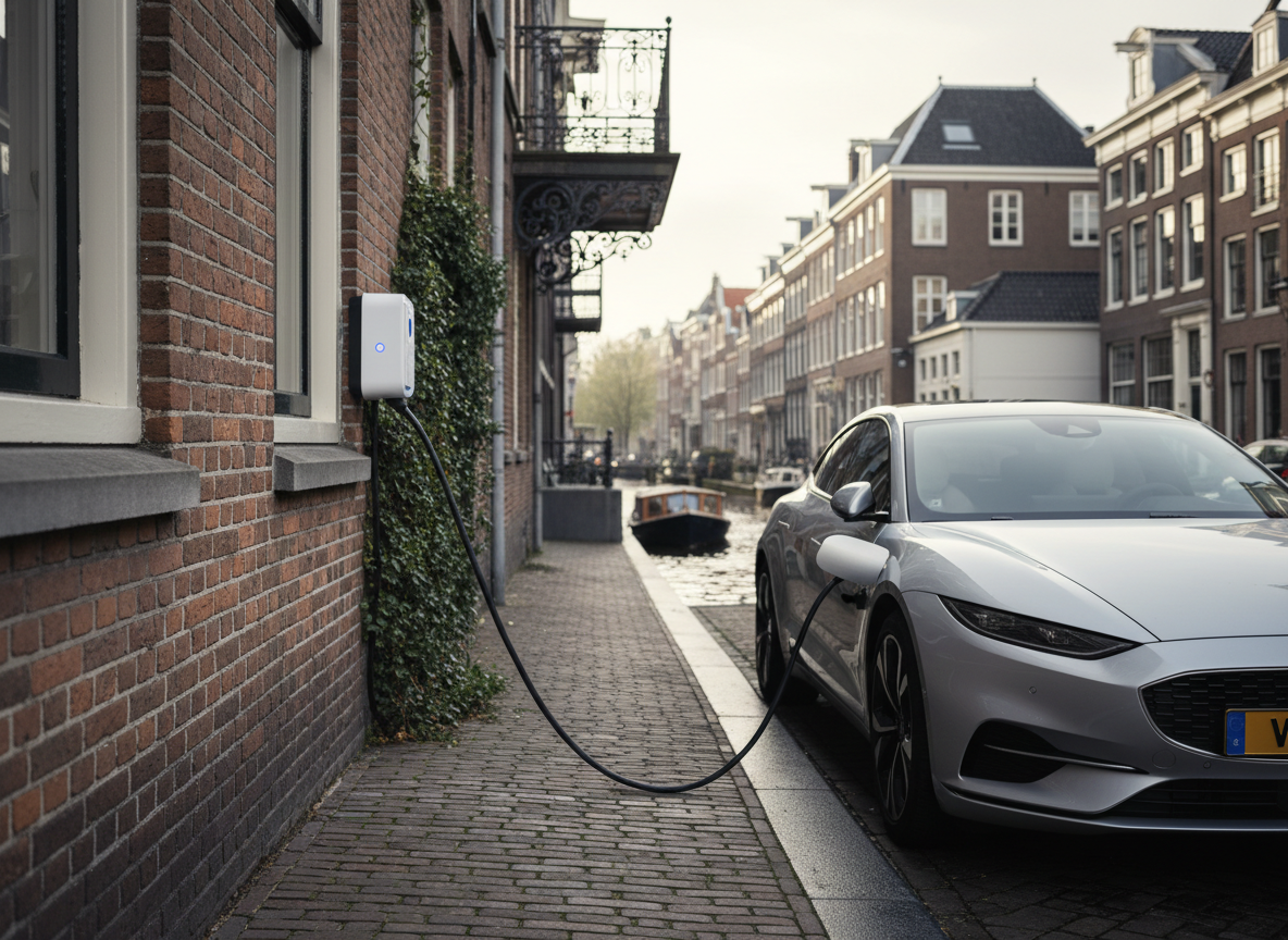 Thuislaadpaal voor elektrische auto geïnstalleerd in een garage in Amsterdam