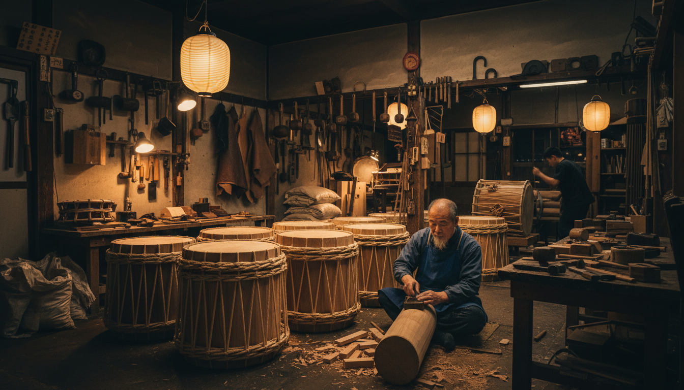 Atelier de fabrication de tambours japonais