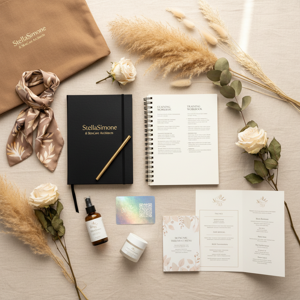 StellaSimone & SkinCare Architects Principal Kit — business workbook, QR training card, salon menu, skincare menu, merchandise flat lay