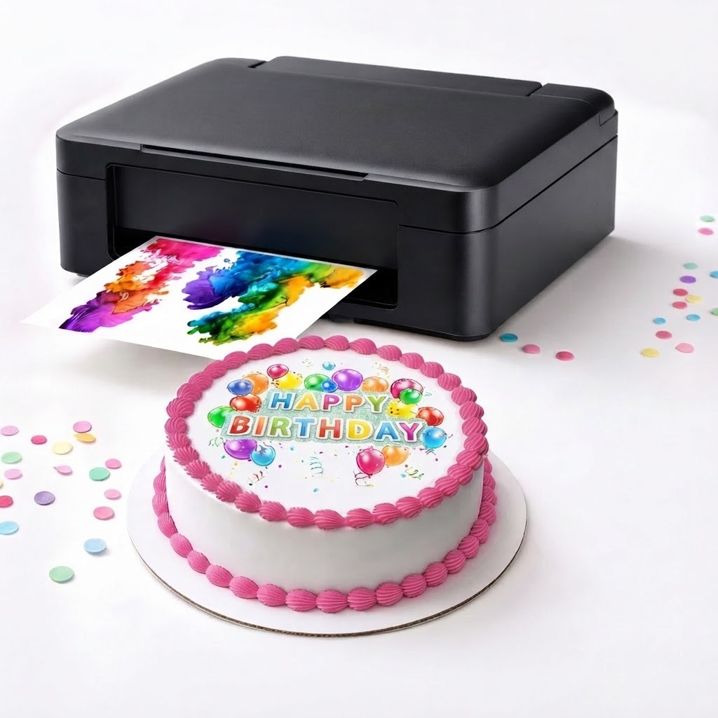 Edible ink printer printing a colorful design on a cake