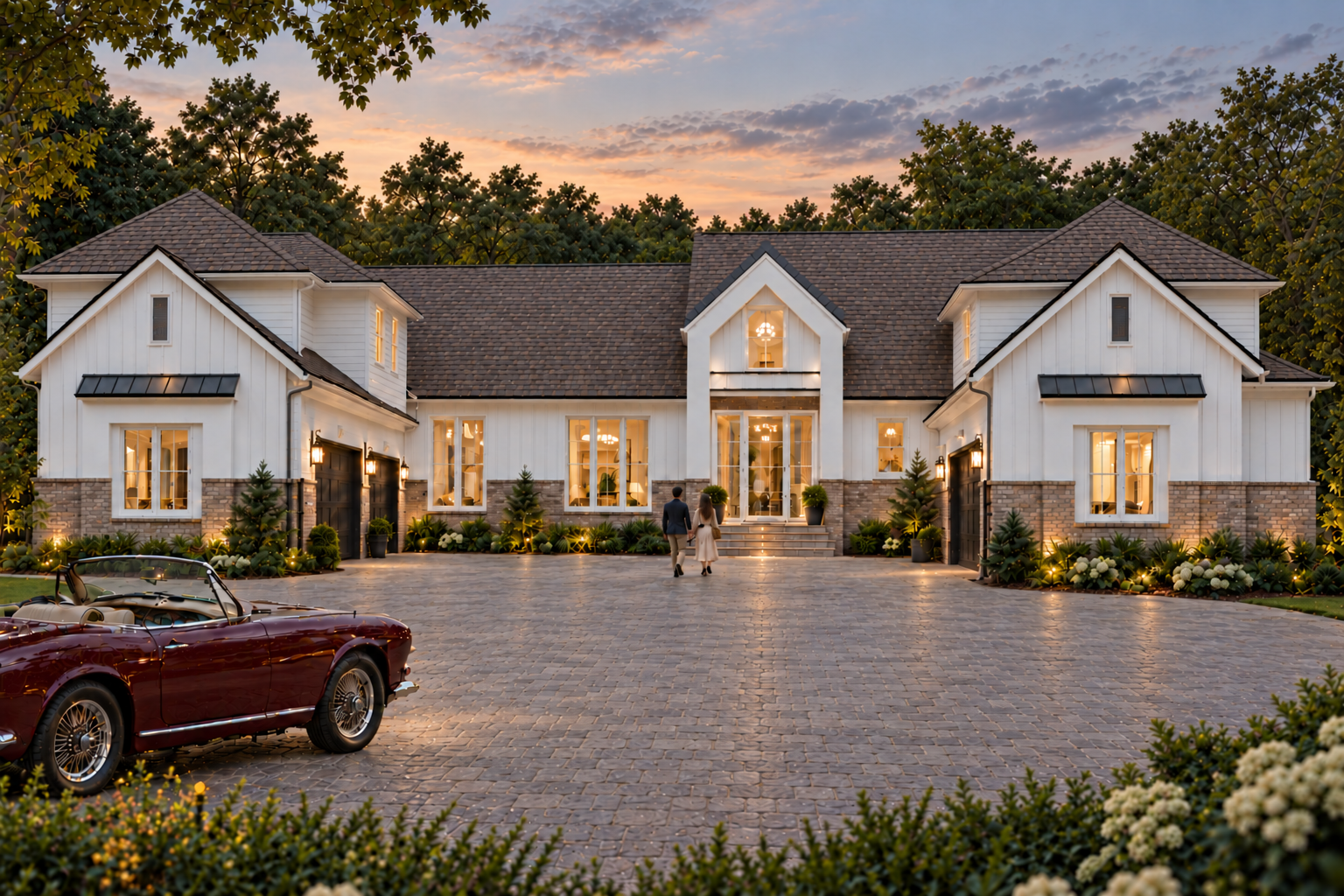 Front exterior concept — proposed white body and window frames; roofing appearance and landscape are illustrative.