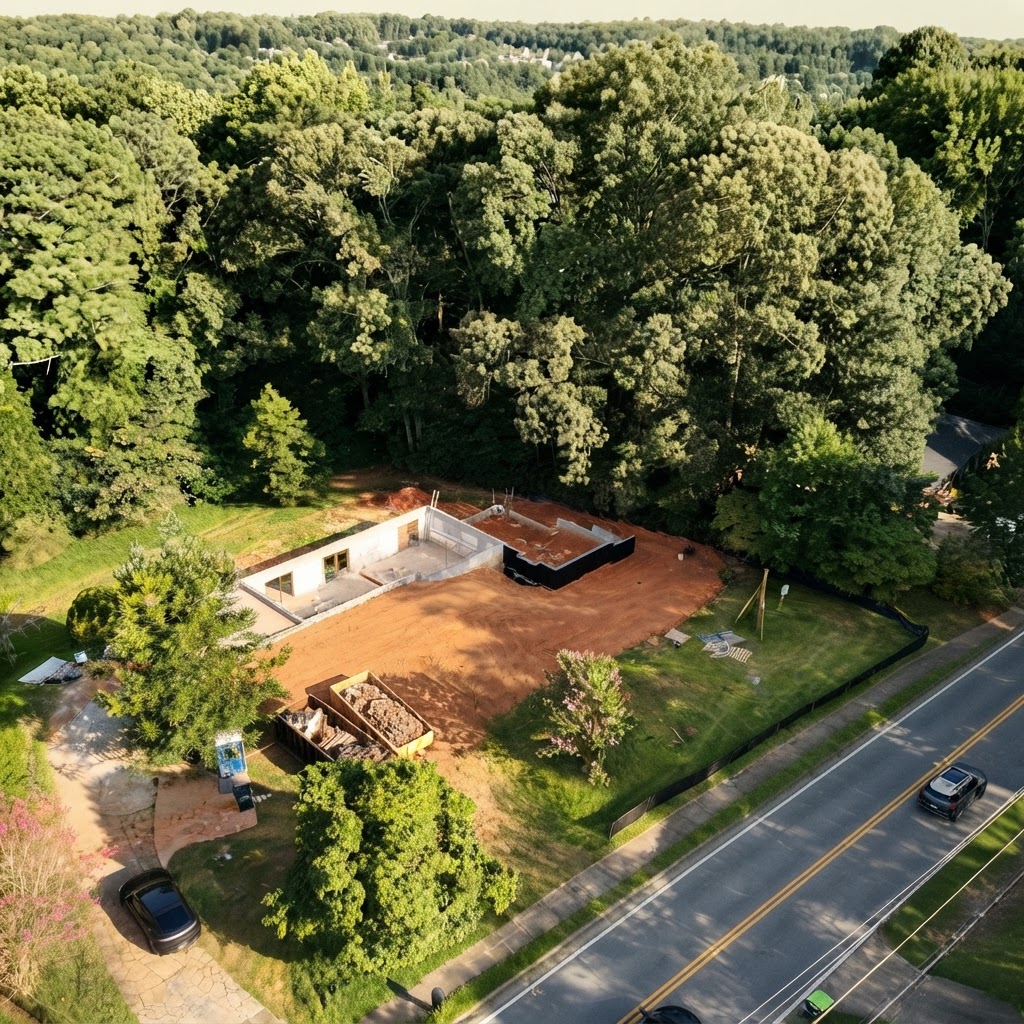 Aerial view of 56 Cooper Lake Rd SW during foundation and site work, August 2026