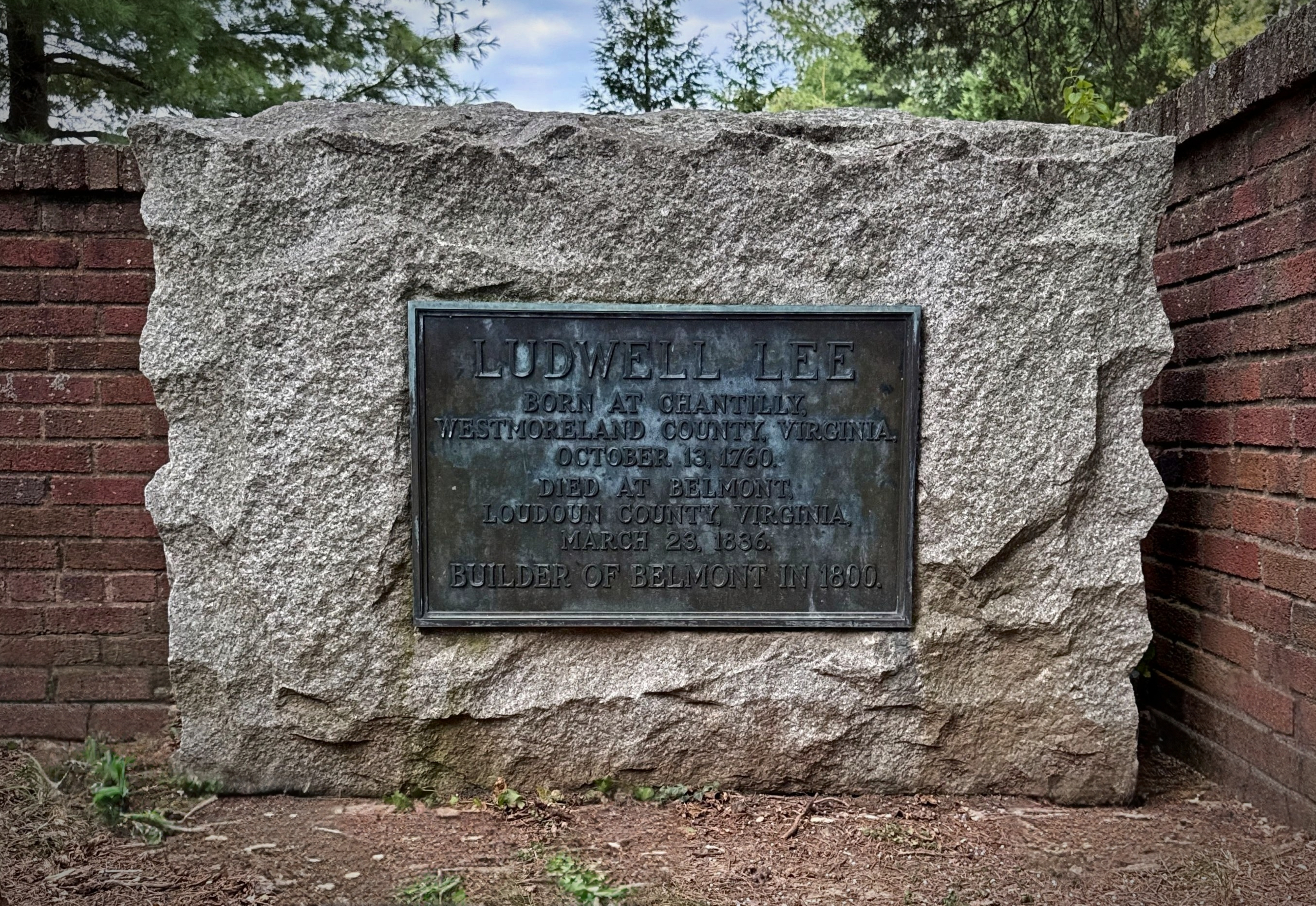 A bronze plaque set into granite: Ludwell Lee, 1760–1836, builder of Belmont.