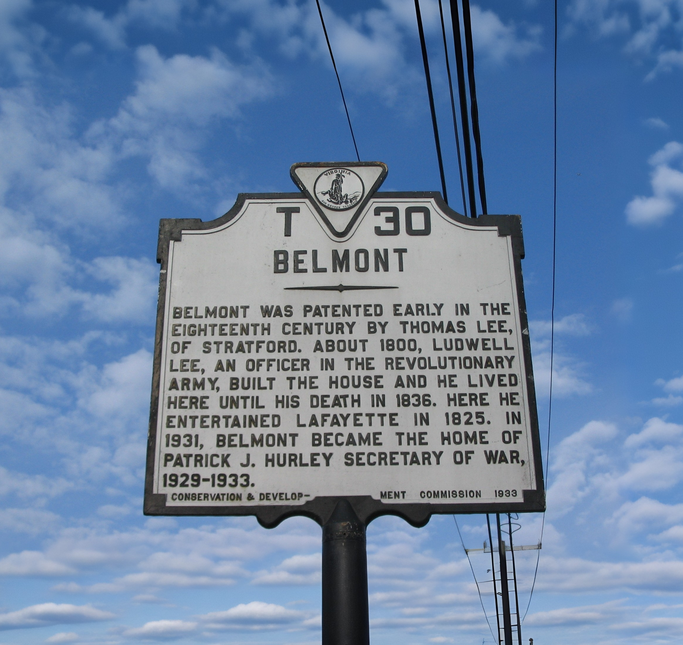 Virginia historical marker T-30 (1933) — the Commonwealth's own summary of Belmont, from Thomas Lee's patent to Secretary of War Patrick J. Hurley.