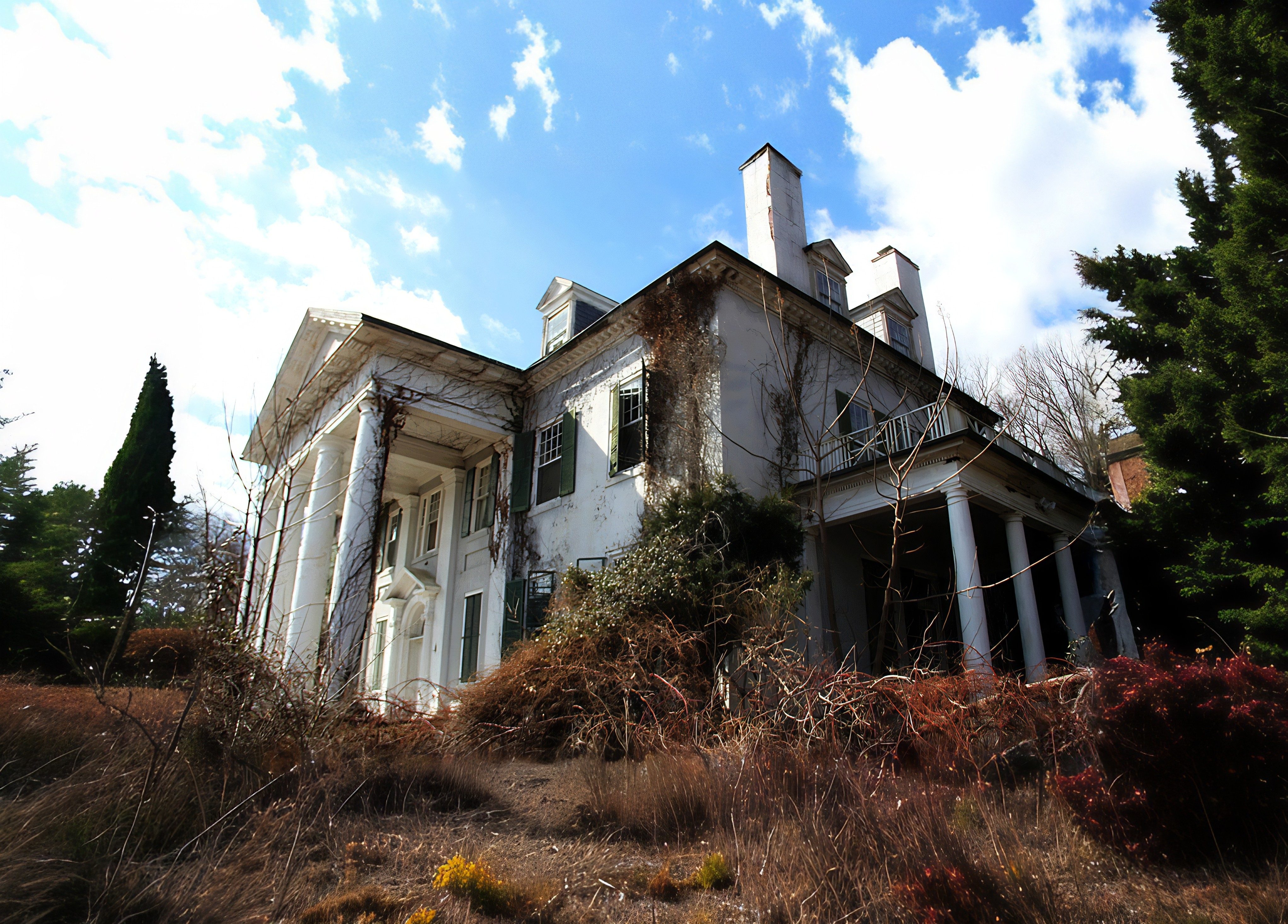 Selma Mansion exterior with overgrown brush and climbing vines