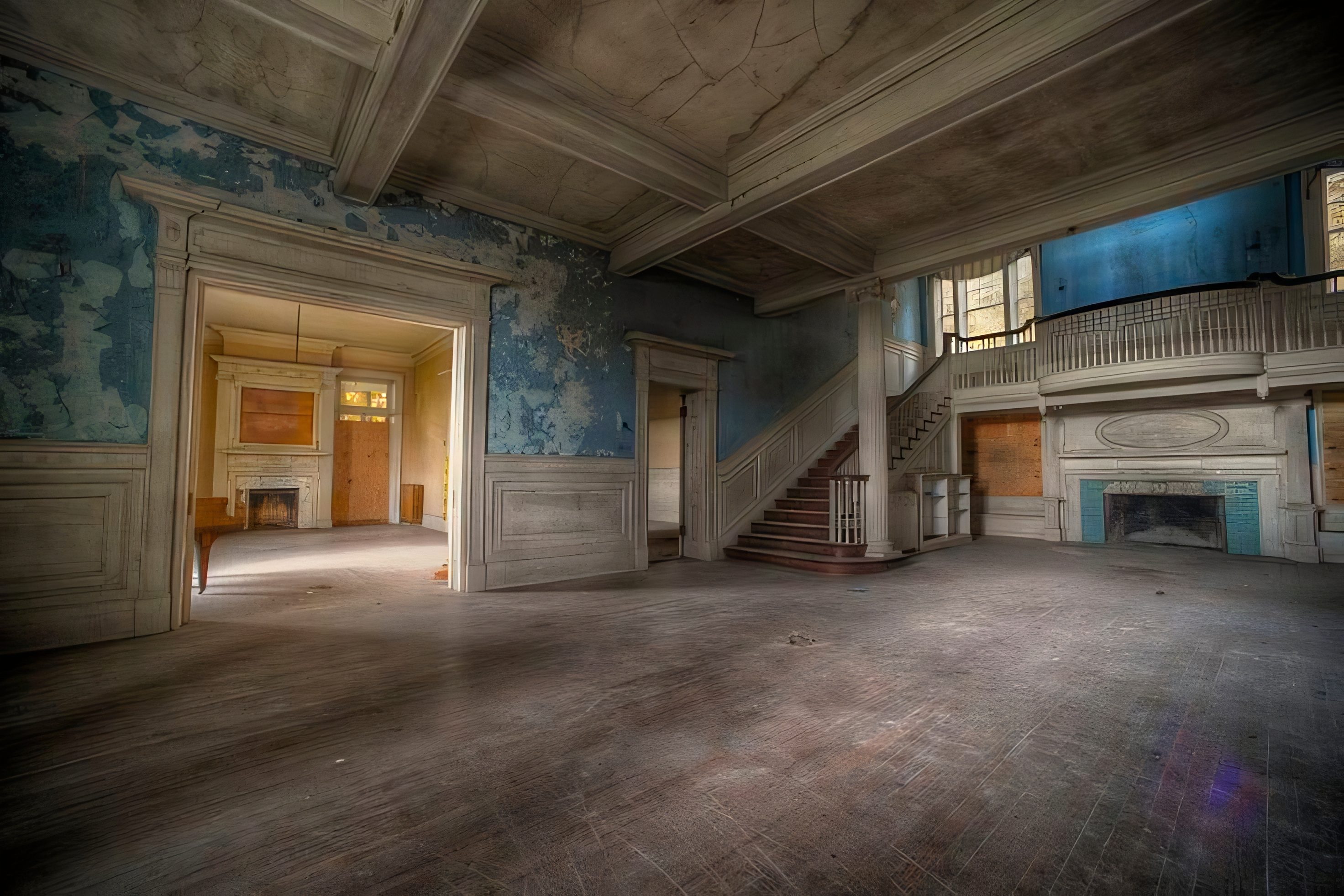 Selma Mansion interior with staircase, fireplace, and peeling plaster
