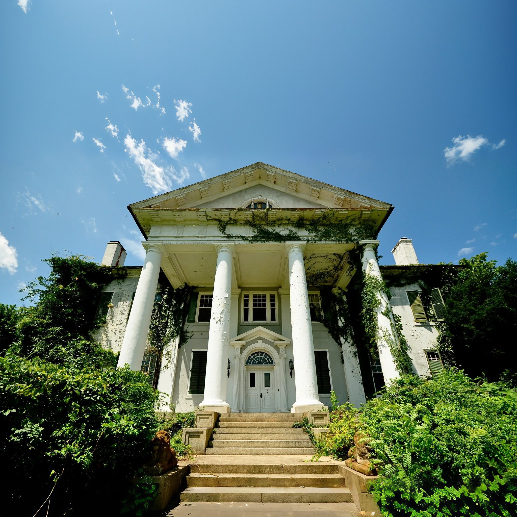Selma Mansion exterior covered in ivy with peeling paint and stone lions