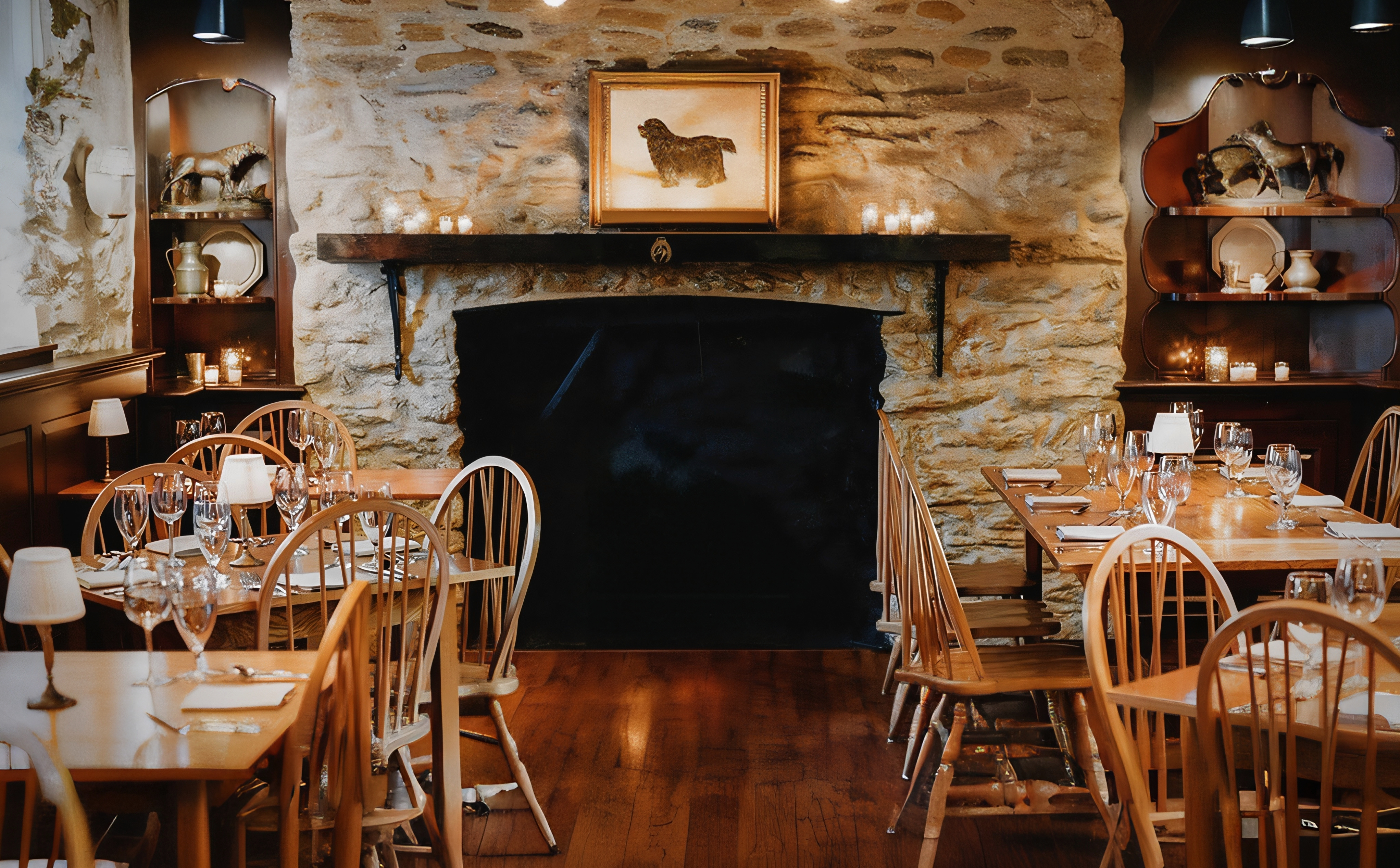 A stone fireplace and mantel in the tavern dining room — the kind of hearth that has drawn travelers for three centuries.