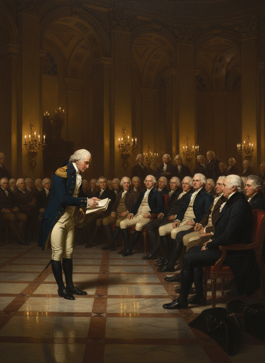 Oil painting of George Washington bowing before Continental Congress in the Maryland State House at Annapolis, resigning his military commission