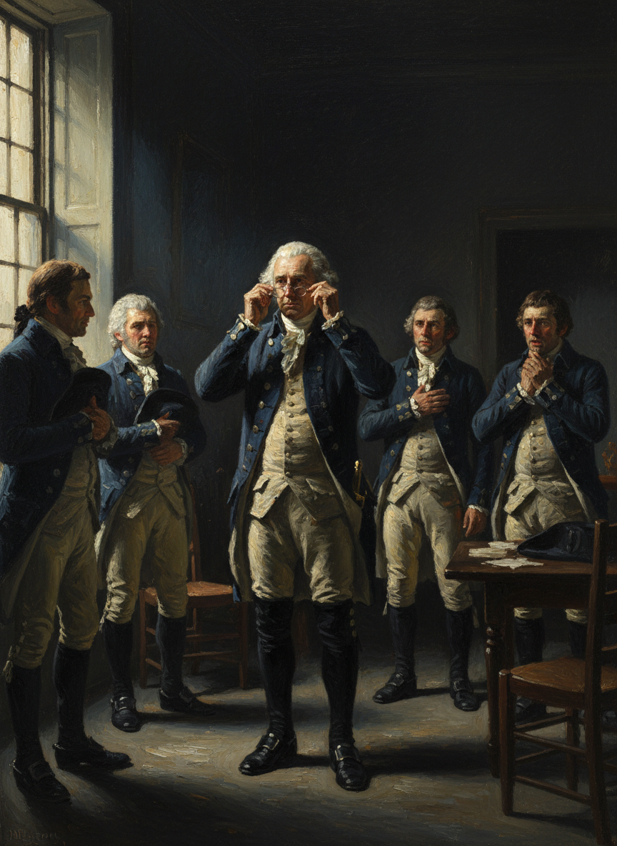 Oil painting of George Washington addressing officers at Newburgh, putting on reading spectacles in a moment of vulnerability