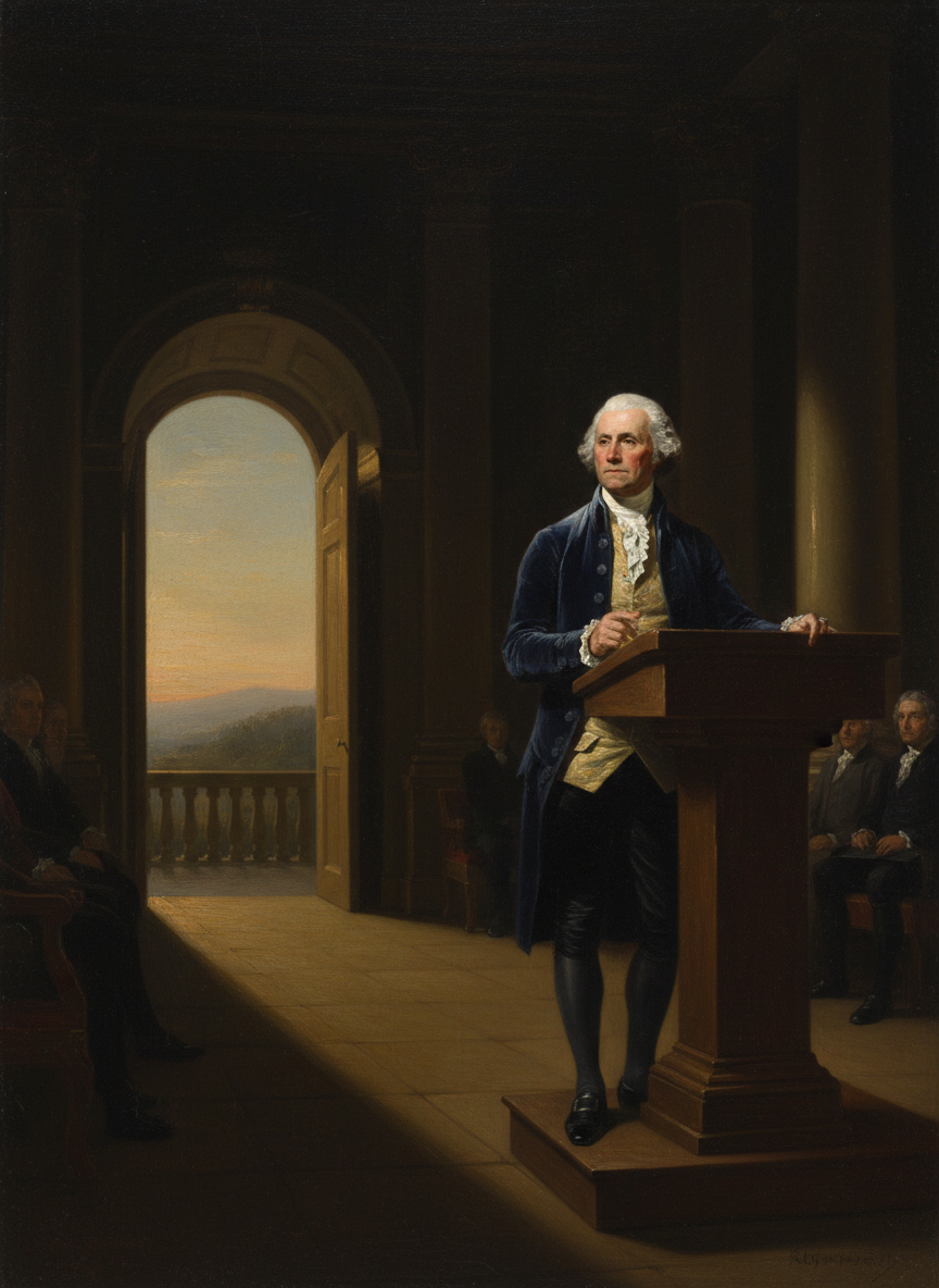 Oil painting of George Washington delivering his Farewell Address as President, standing at podium with an open doorway behind him
