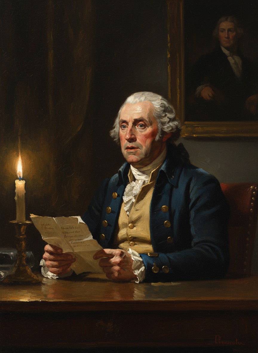Oil painting of George Washington reading Lewis Nicola's letter proposing he become king, candlelit scene with dramatic chiaroscuro lighting
