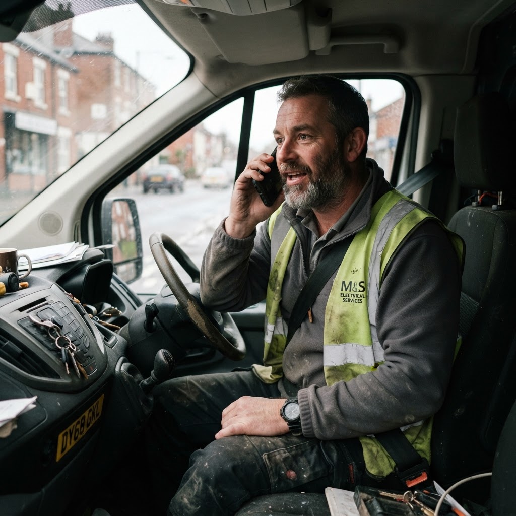 A tradesperson using TradeMic on their phone in a work van