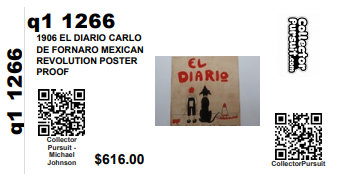 CollectorPursuit inventory label sample — SKU, QR code, title, photo and price on a white card