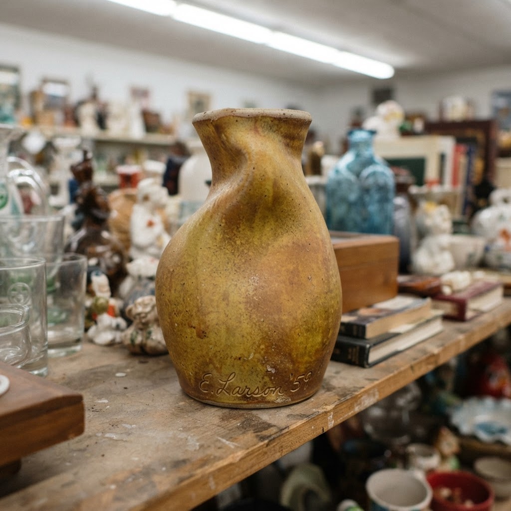 Signed mid-century studio pottery vase on a thrift store shelf
