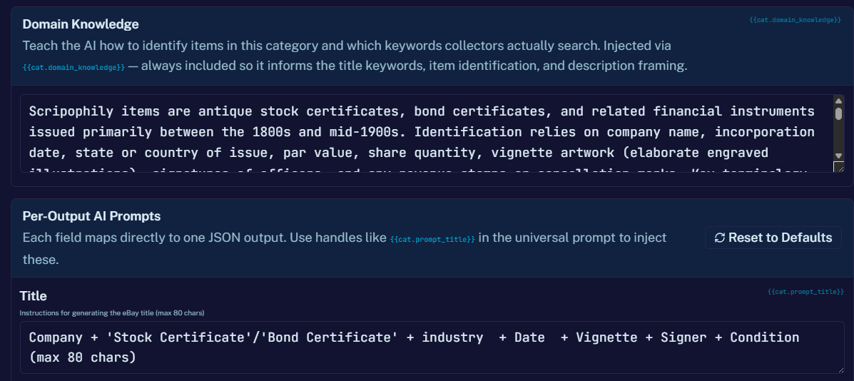 CollectorPursuit prebuilt AI prompt editor showing Domain Knowledge and Per-Output AI Prompts for a Scripophily category
