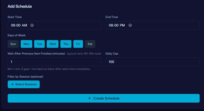 Schedule — Drip listings on your hours