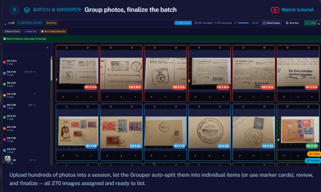 The Batch & Grouper — batch image grouping screen in CollectorPursuit