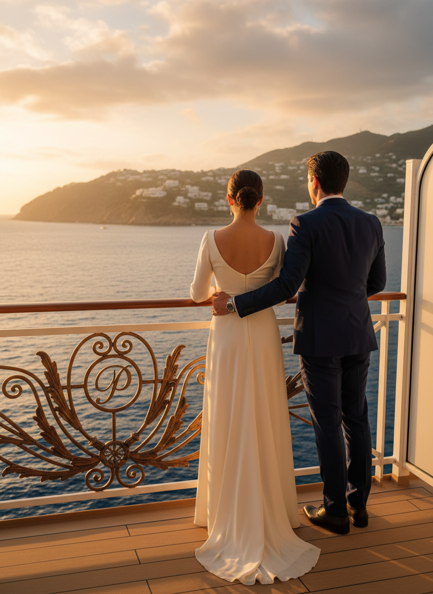 Couple on private balcony overlooking Mediterranean coastline
