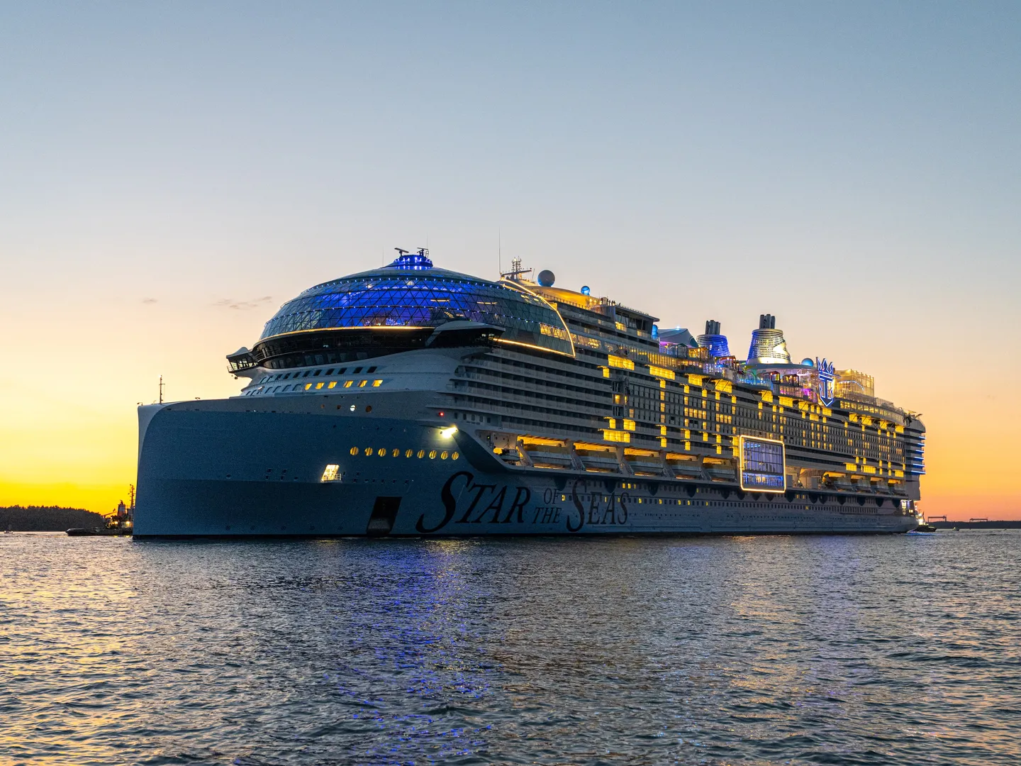 Cruise ship at twilight on the open ocean