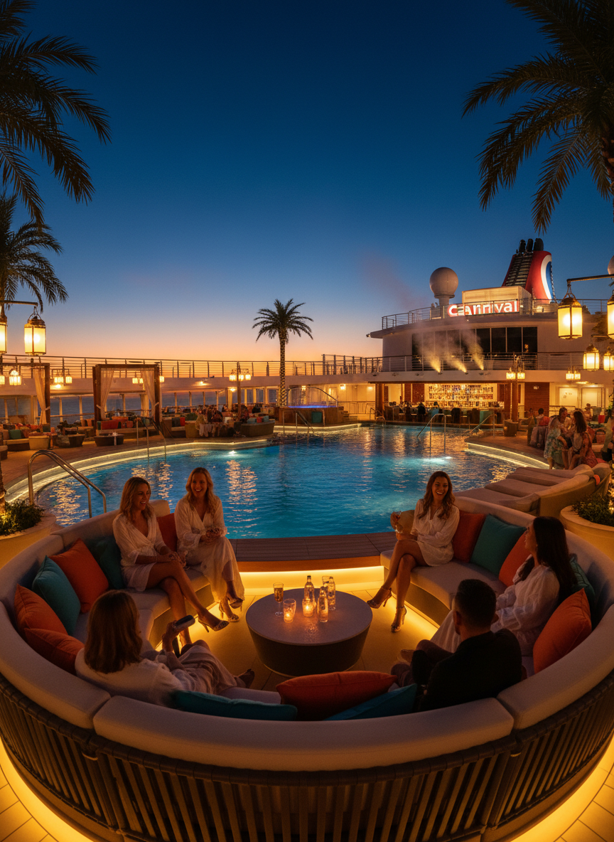 Carnival cruise vibrant poolside lounge at dusk