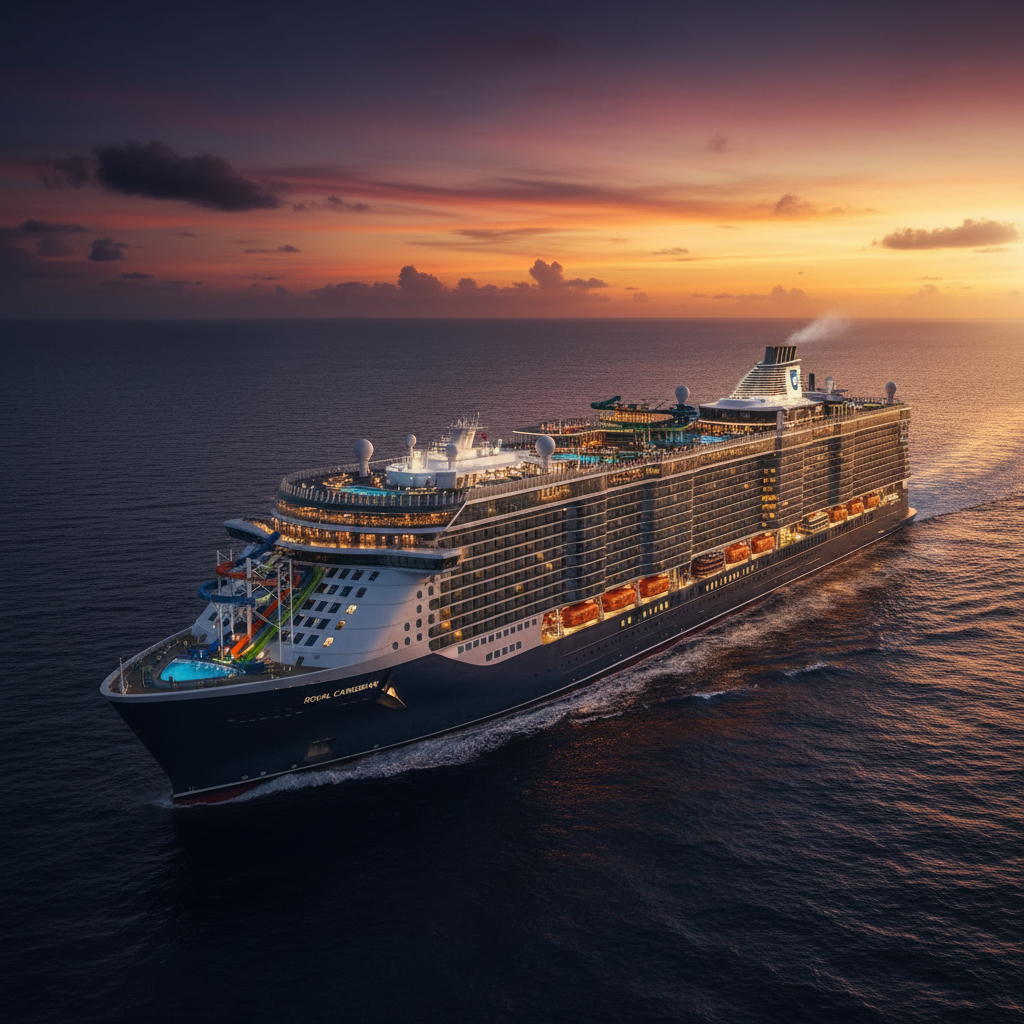 Royal Caribbean Icon of the Seas style massive ocean liner at golden hour