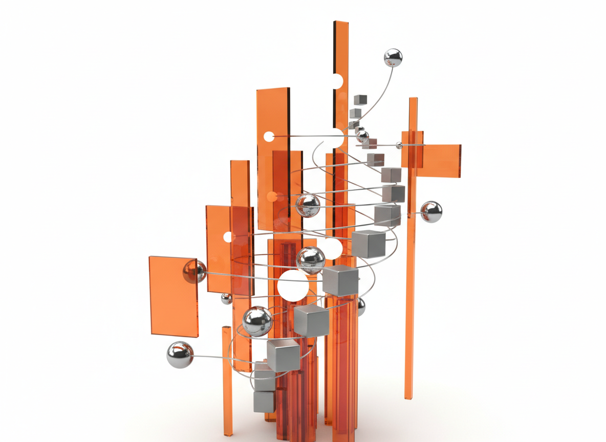 Abstract 3D digital architecture with orange glass panes and chrome geometric shapes