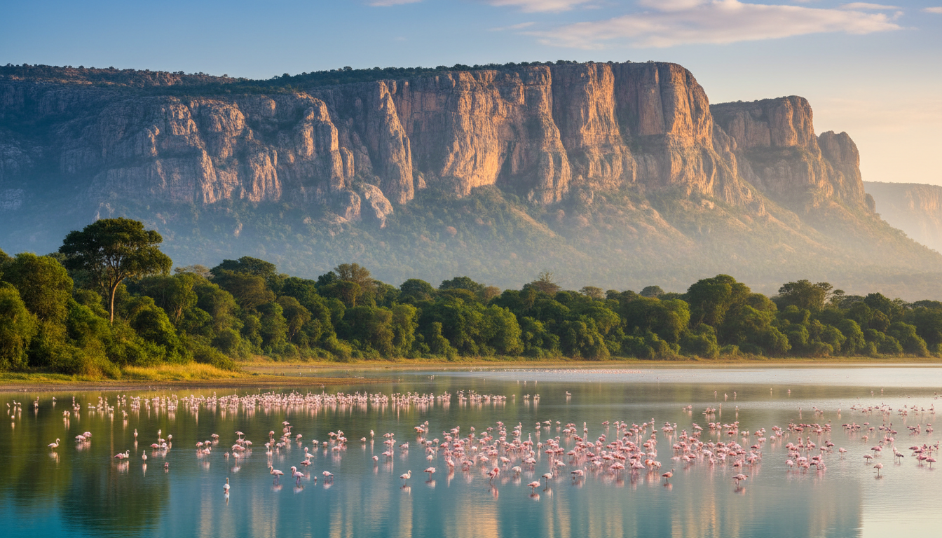 Flamingos on Lake Manyara with the Rift Valley escarpment behind