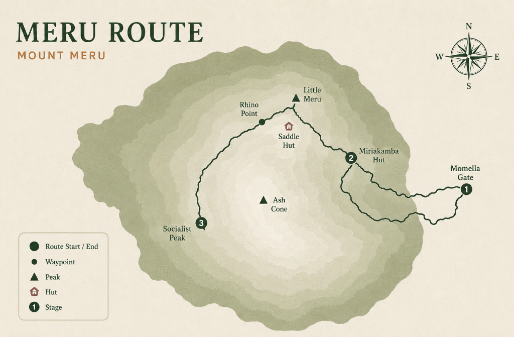 Mount Meru route map showing the Momella Route to the summit