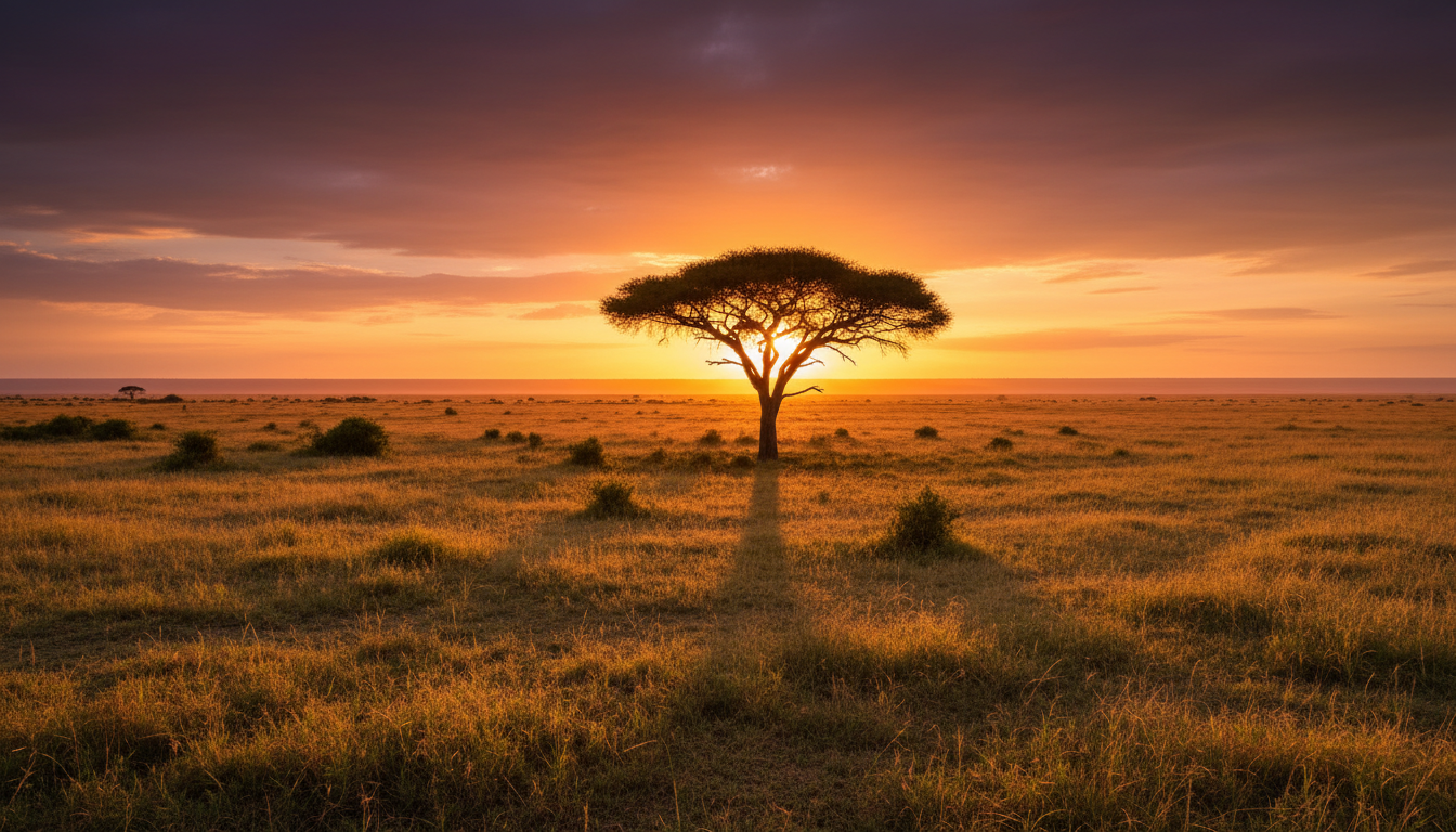 Serengeti sunset with wildebeest migration
