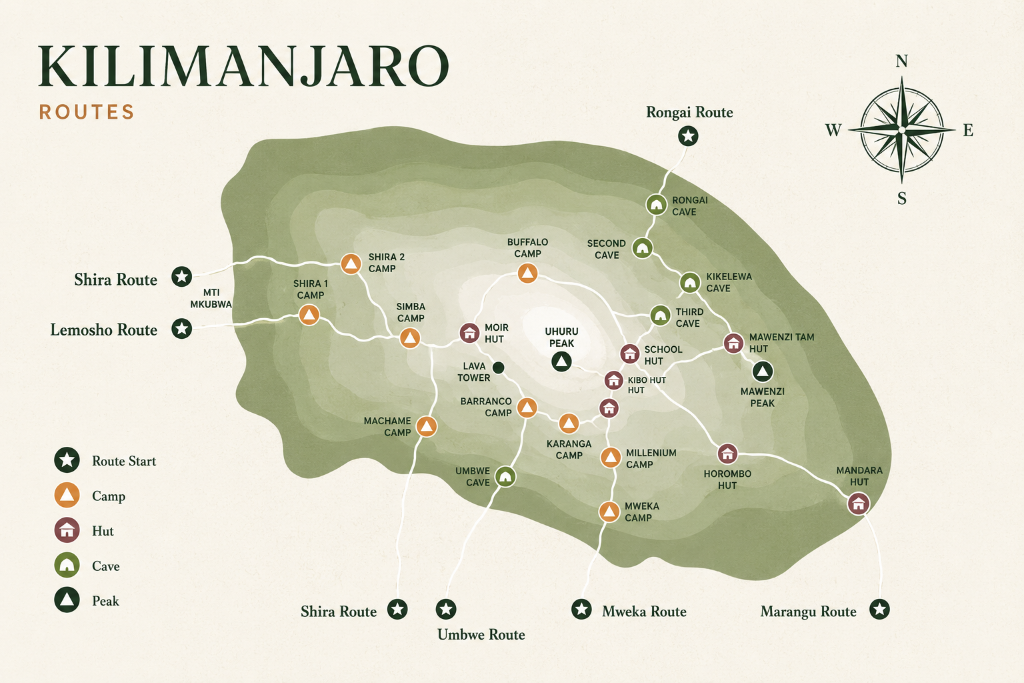 Kilimanjaro routes map showing all climbing routes to Uhuru Peak
