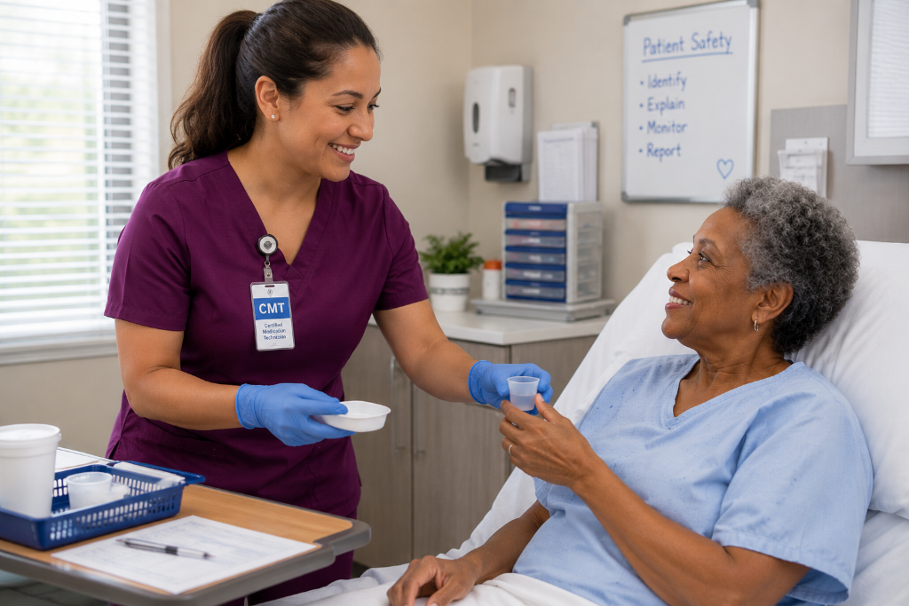 Healthcare professional reviewing medication with patient