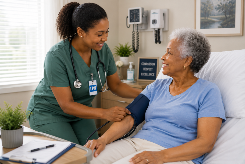 LPN nurse checking patient vitals in clinical setting